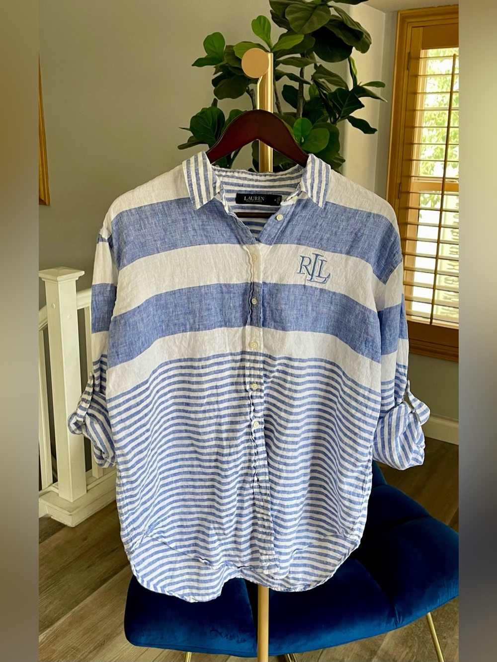 Lauren Ralph Lauren Black Label Women Striped Oversize Linen Shirt Size M - Picture 3 of 9